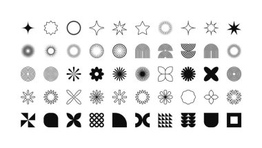 Acımasız geometrik şekiller, modern semboller. Basit ilkel elementler ve formlar. Retro tasarım, modern minimalist tarz, y2k. Vektör illüstrasyonu.