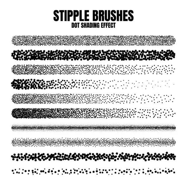 Noktalı fırça, mürekkep çizimi ve desen. Gittikçe azalıyor. Noktalama, noktalama çizimi, noktalar kullanarak gölgeleme. Yarım ton bozunma etkisi. Beyaz gürültü tanecikli doku. Vektör illüstrasyonu.