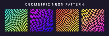 Dama desenli, rengarenk desenli döşemeli. Klasik dalgalı eğimli arka plan, bozulma etkisi. Garip geometrik satranç tahtası dokusu, 90 'ların tarzında retro arka plan, y2k. Vektör illüstrasyonu.