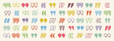 Metin tırnak işaretleri. El çizimi tırnak işareti. Tipografik konuşma işareti sembolü. Vektör çizimi. Mesaj ya da yorum. Vektör illüstrasyonu.