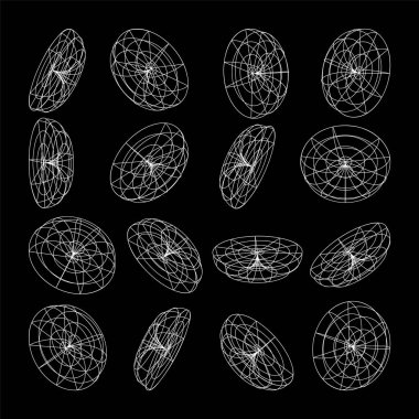 Kablo çerçeveli şekiller. Perspektif ağı, 3 boyutlu ızgara. Düşük polimetrik elementler. Retro gelecek tasarım elementleri, y2k, buhar dalgası ve sentetik dalga tarzı. Vektör illüstrasyonu.