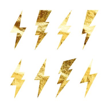 Altın yıldırım simgeleri koleksiyonu. Altın folyo dokusu. Flaş sembolü, yıldırım. Basit yıldırım çarpması işareti. Vektör illüstrasyonu.