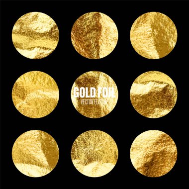 Altın folyo, parlak el yapımı daireler. Altın parıltılı doku, desen. Şatafatlı, parlak arka plan çizimi. Düğün, tebrik kartı dekorasyonu. Modern minimalist sanat. Vektör illüstrasyonu.