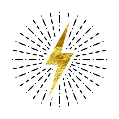 Klasik altın yıldırım ve güneş ışınları. Altın folyo dokusu. Güneş patlaması etkisi olan bir şimşek. Şimşek, elektrik şoku işareti. Vektör illüstrasyonu.