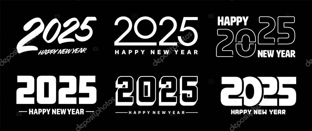 Set of 2025 Happy New Year greeting text designs. Christmas banner, poster, festive greeting card or seasonal promotion template. Collection of 2025 numbers with greetings. Vector illustration.