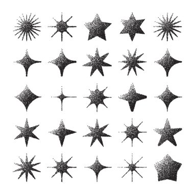 Acımasız geometrik şekiller, noktalı nesneler. Noktalama modern sembolleri belirler. Basit ilkel formlar. Retro tasarım, modern minimalist tarz, y2k. Nokta gölgeleme, çizim. Vektör illüstrasyonu.