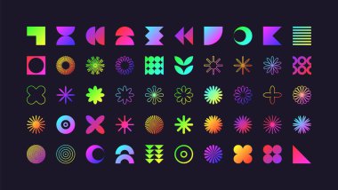 Acımasız geometrik şekiller, modern semboller. Renkli neon basit ilkel elementler ve formlar. Retro tasarım, modern minimalist tarz, y2k. Vektör illüstrasyonu.