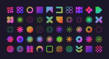 Acımasız geometrik şekiller, yarım tonlu modern semboller. Renkli neon basit ilkel elementler ve formlar. Retro tasarım, modern minimalist tarz, y2k. Vektör illüstrasyonu.