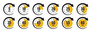 İşaret oklu kronometre simgeleri. Renkli kronometre, çevirmeli zaman sayacı. Geri sayım zamanı, saatler ve dakikalar. Son teslim tarihi, spor ölçümü. Yemek pişirme zamanı etiketi, çıkartma. Vektör illüstrasyonu.