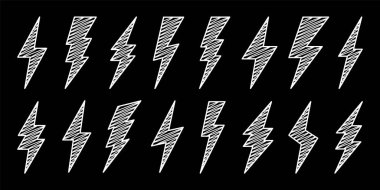 Yıldırım civata simgeleri koleksiyonu. El çizimi flaş sembolü, yıldırım. Basit yıldırım çarpması işareti. Vektör illüstrasyonu.