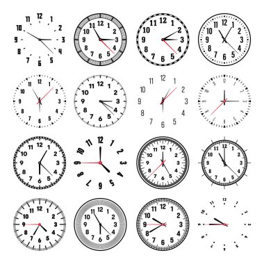 Ellerle mekanik saat yüzleri, bezel. Dakika, saat işaretleri, numaralar ve Arapça rakamlarla ara. Zamanlayıcı ya da kronometre elemanı. Daire ölçeğini bölümlerle ölçüyorum. Vektör illüstrasyonu.