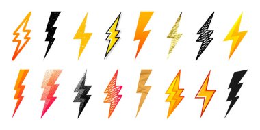 Şimşek simgeleri koleksiyonu. Altın, grunge, benekli, el çizimi flaş sembolü, şimşek. Nokta çizimi. Basit yıldırım çarpması işareti. Vektör illüstrasyonu.