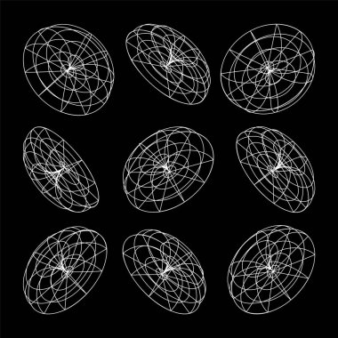 Kablo çerçeveli şekiller. Perspektif ağı, 3 boyutlu ızgara. Düşük polimetrik elementler. Retro gelecek tasarım elementleri, y2k, buhar dalgası ve sentetik dalga tarzı. Vektör illüstrasyonu.