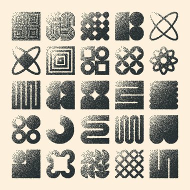 Acımasız geometrik şekiller, noktalı nesneler. Noktalama modern sembolleri belirler. Basit ilkel formlar. Retro tasarım, modern minimalist tarz, y2k. Nokta gölgeleme, çizim. Vektör illüstrasyonu.