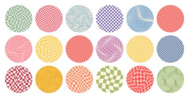 Dama desenli, yuvarlak renkli döşemeli. Klasik dalgalı eğimli arka plan, bozulma etkisi. Garip geometrik satranç tahtası dokusu, 90 'ların tarzında retro arka plan, y2k. Vektör illüstrasyonu.