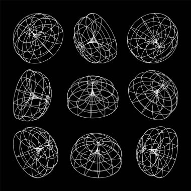 Kablo çerçeveli şekiller. Perspektif ağı, 3 boyutlu ızgara. Düşük polimetrik elementler. Retro gelecek tasarım elementleri, y2k, buhar dalgası ve sentetik dalga tarzı. Vektör illüstrasyonu.