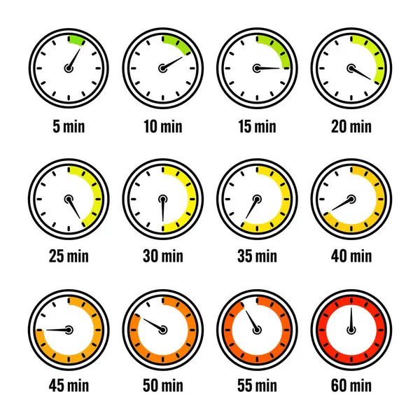 Kronometre simgeleri. Renkli basit kronometre, çevirmeli zaman sayacı. Geri sayım saatleri ve dakikaları gösteriyor. Son teslim tarihi, spor için ölçü. Yemek pişirme zamanı etiketi, çıkartma. Vektör illüstrasyonu.