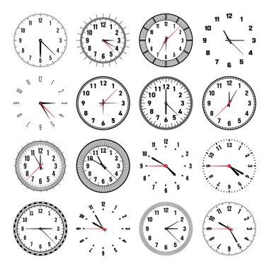 Ellerle mekanik saat yüzleri, bezel. Dakika, saat işaretleri, numaralar ve Arapça rakamlarla ara. Zamanlayıcı ya da kronometre elemanı. Daire ölçeğini bölümlerle ölçüyorum. Vektör illüstrasyonu.