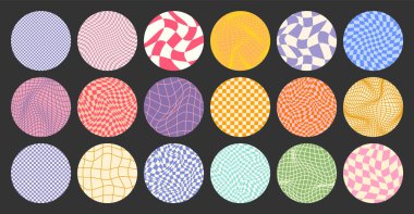 Dama desenli, yuvarlak renkli döşemeli. Klasik dalgalı eğimli arka plan, bozulma etkisi. Garip geometrik satranç tahtası dokusu, 90 'ların tarzında retro arka plan, y2k. Vektör illüstrasyonu.