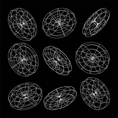 Kablo çerçeveli şekiller. Perspektif ağı, 3 boyutlu ızgara. Düşük polimetrik elementler. Retro gelecek tasarım elementleri, y2k, buhar dalgası ve sentetik dalga tarzı. Vektör illüstrasyonu.