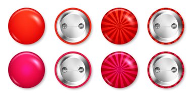 Gerçekçi renkli funky rozetler. Güneş patlaması etkisi. Parlak 3D yuvarlak düğme. Rozet, broş modeli ürün tanıtımı ve reklam için. Vektör illüstrasyonu.