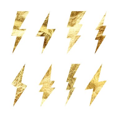Altın yıldırım simgeleri koleksiyonu. Altın folyo dokusu. Flaş sembolü, yıldırım. Basit yıldırım çarpması işareti. Vektör illüstrasyonu.