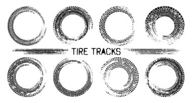 Grunge daire lastik izleri, tekerlek fren izleri. Kamyon, araba ya da motosiklet lastiği siluetleri. Araba yarışı, motor sporu, hız yarışı tasarım unsuru. Vektör illüstrasyonu.