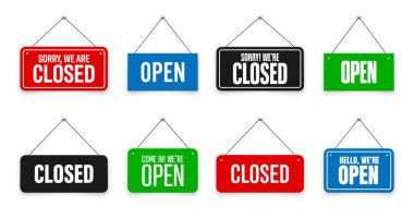 Gerçekçi açık ya da kapalı tabelalar. Kafe, restoran, bar ya da perakende mağazası için klasik kapı tabelası. Duyuru pankartı, iş ya da hizmet için bilgi tabelası. Vektör illüstrasyonu.