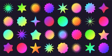 Acımasız geometrik şekiller, modern semboller. Renkli neon etiket, çıkartma, basit ilkel yıldız elementi ve formu. Retro tasarım, modern minimalist tarz, y2k. Vektör illüstrasyonu.