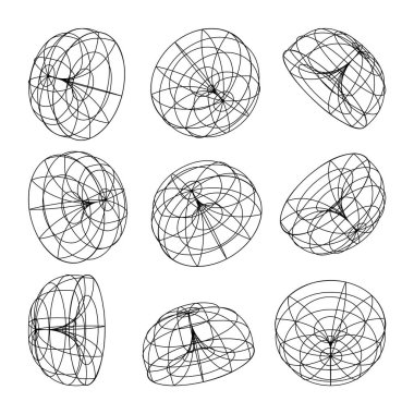 Kablo çerçeveli şekiller. Perspektif ağı, 3 boyutlu ızgara. Düşük polimetrik elementler. Retro gelecek tasarım elementleri, y2k, buhar dalgası ve sentetik dalga tarzı. Vektör illüstrasyonu.