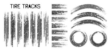 Grunge lastik izleri, tekerlek fren izleri. Kamyon, araba ya da motosiklet lastiği siluetleri. Araba yarışı, motor sporu, hız yarışı tasarım unsuru. Vektör illüstrasyonu.
