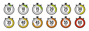 Kronometre simgeleri. Renkli basit kronometre, çevirmeli zaman sayacı. Geri sayım saatleri ve dakikaları gösteriyor. Son teslim tarihi, spor için ölçü. Yemek pişirme zamanı etiketi, çıkartma. Vektör illüstrasyonu.