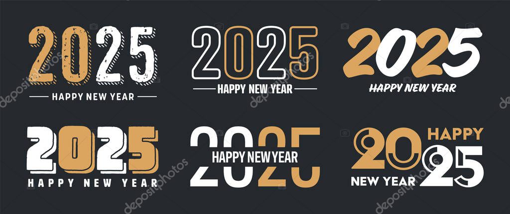 Set of 2025 Happy New Year greeting text designs. Christmas banner, poster, festive greeting card or seasonal promotion template. Collection of 2025 numbers with greetings. Vector illustration.