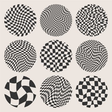 Modaya uygun yuvarlak kareli şablon, bozuk kareli şebeke. Dalgalı kıvrımlı arka plan, bozulma etkisi. Garip geometrik satranç tahtası dokusu, 90 'ların tarzında retro arka plan, y2k. Vektör illüstrasyonu.