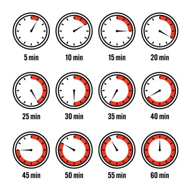 Kronometre simgeleri. Renkli basit kronometre, çevirmeli zaman sayacı. Geri sayım saatleri ve dakikaları gösteriyor. Son teslim tarihi, spor için ölçü. Yemek pişirme zamanı etiketi, çıkartma. Vektör illüstrasyonu.