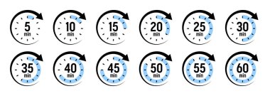 İşaret oklu kronometre simgeleri. Renkli kronometre, çevirmeli zaman sayacı. Geri sayım zamanı, saatler ve dakikalar. Son teslim tarihi, spor ölçümü. Yemek pişirme zamanı etiketi, çıkartma. Vektör illüstrasyonu.