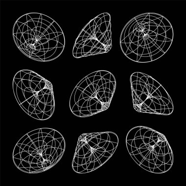 Kablo çerçeveli şekiller. Perspektif ağı, 3 boyutlu ızgara. Düşük polimetrik elementler. Retro gelecek tasarım elementleri, y2k, buhar dalgası ve sentetik dalga tarzı. Vektör illüstrasyonu.