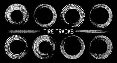 Grunge circle tire tracks, wheel braking marks. Truck, car or motorcycle tread pattern silhouettes. Auto race, motorsport, speed racing design element. Vector illustration. clipart