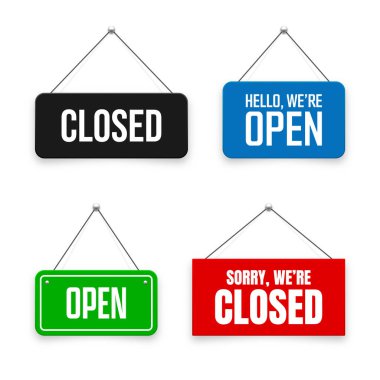 Gerçekçi açık ya da kapalı tabelalar. Kafe, restoran, bar ya da perakende mağazası için klasik kapı tabelası. Duyuru pankartı, iş ya da hizmet için bilgi tabelası. Vektör illüstrasyonu.