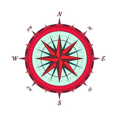 Klasik deniz rüzgârı yükseldi, deniz haritası. Kuzey, Doğu, Güney, Batı yönlerinin başlıca yönlerini gösteren renkli yön bulucu pusula. Coğrafi konum, haritacılık ve navigasyon. Vektör illüstrasyonu.