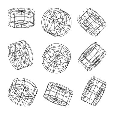 Kablo çerçeveli şekiller. Perspektif ağı, 3 boyutlu ızgara. Düşük polimetrik elementler. Retro gelecek tasarım elementleri, y2k, buhar dalgası ve sentetik dalga tarzı. Vektör illüstrasyonu.