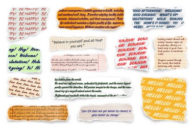 El yazısıyla yırtılmış kağıt şeritler. Yırtık kenarlı gerçekçi kağıt kırıntıları. Defter parçaları, kitap ya da eski gazete sayfaları. Son moda kolaj elementleri. Vektör illüstrasyonu.
