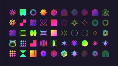 Acımasız geometrik şekiller, modern semboller. Renkli neon basit ilkel elementler ve formlar. Retro tasarım, modern minimalist tarz, y2k. Vektör illüstrasyonu.