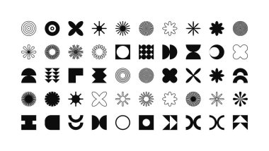 Acımasız geometrik şekiller, modern semboller. Basit ilkel elementler ve formlar. Retro tasarım, modern minimalist tarz, y2k. Vektör illüstrasyonu.