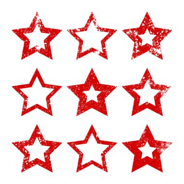 Kırık ve lekeli kırmızı klasik yıldızlar. Eski el yazısıyla çizilmiş, siyah basit bir şekil. Retro tasarım elementi sıkıntılı efekt, grunge doku. Vektör illüstrasyonu.