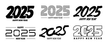 2025 Mutlu Yıllar metin tasarımları seti. Noel afişi, poster, kutlama kartı veya mevsimlik tanıtım şablonu. Selamlarla 2025 numaranın koleksiyonu. Vektör illüstrasyonu.