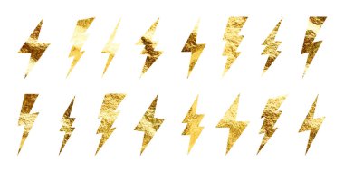 Altın yıldırım simgeleri koleksiyonu. Altın folyo dokusu. Flaş sembolü, yıldırım. Basit yıldırım çarpması işareti. Vektör illüstrasyonu.