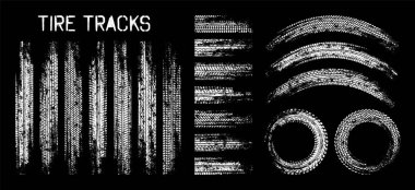 Grunge lastik izleri, tekerlek fren izleri. Kamyon, araba ya da motosiklet lastiği siluetleri. Araba yarışı, motor sporu, hız yarışı tasarım unsuru. Vektör illüstrasyonu.