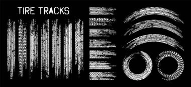 Grunge lastik izleri, tekerlek fren izleri. Kamyon, araba ya da motosiklet lastiği siluetleri. Araba yarışı, motor sporu, hız yarışı tasarım unsuru. Vektör illüstrasyonu.