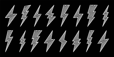 Yıldırım civata simgeleri koleksiyonu. El çizimi flaş sembolü, yıldırım. Basit yıldırım çarpması işareti. Vektör illüstrasyonu.